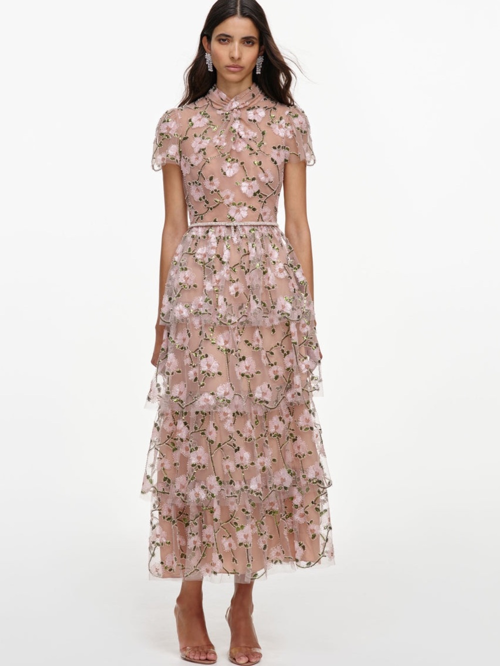 NWOT Self-Portrait PINK SEQUIN EMBELLISHED TIERED MIDI DRESS